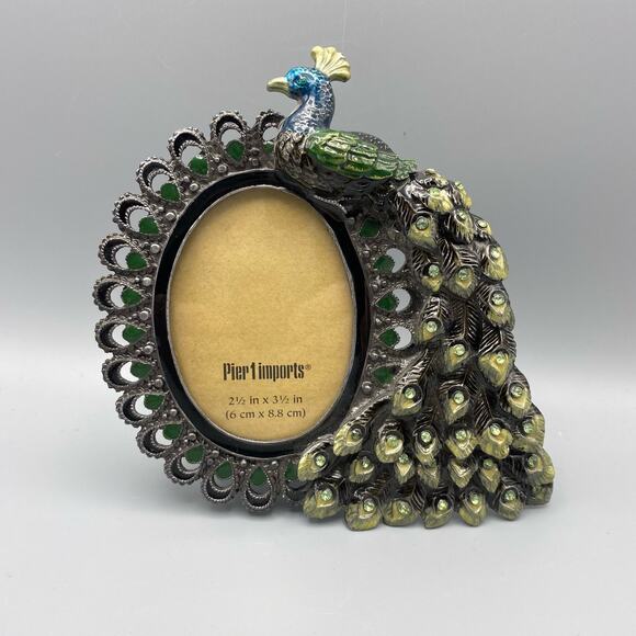Pier 1 Imports Peacock Frame Jeweled Enamel‎ Rhinestones 2.5 x 3.5 Opening - Picture 1 of 6